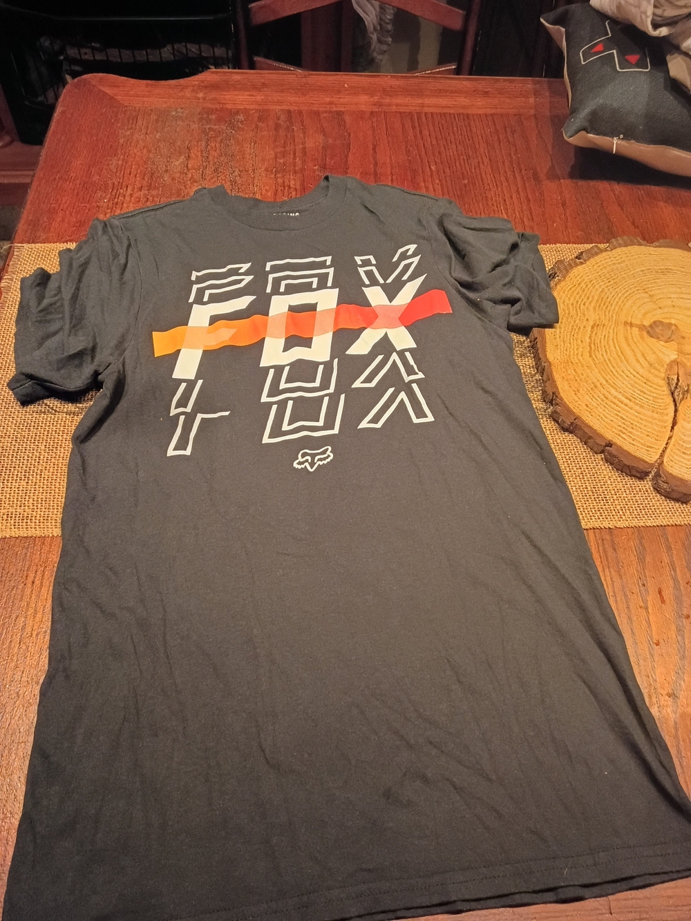 Fox Men's Black Graphic Tee with Orange and Yellow Stripe